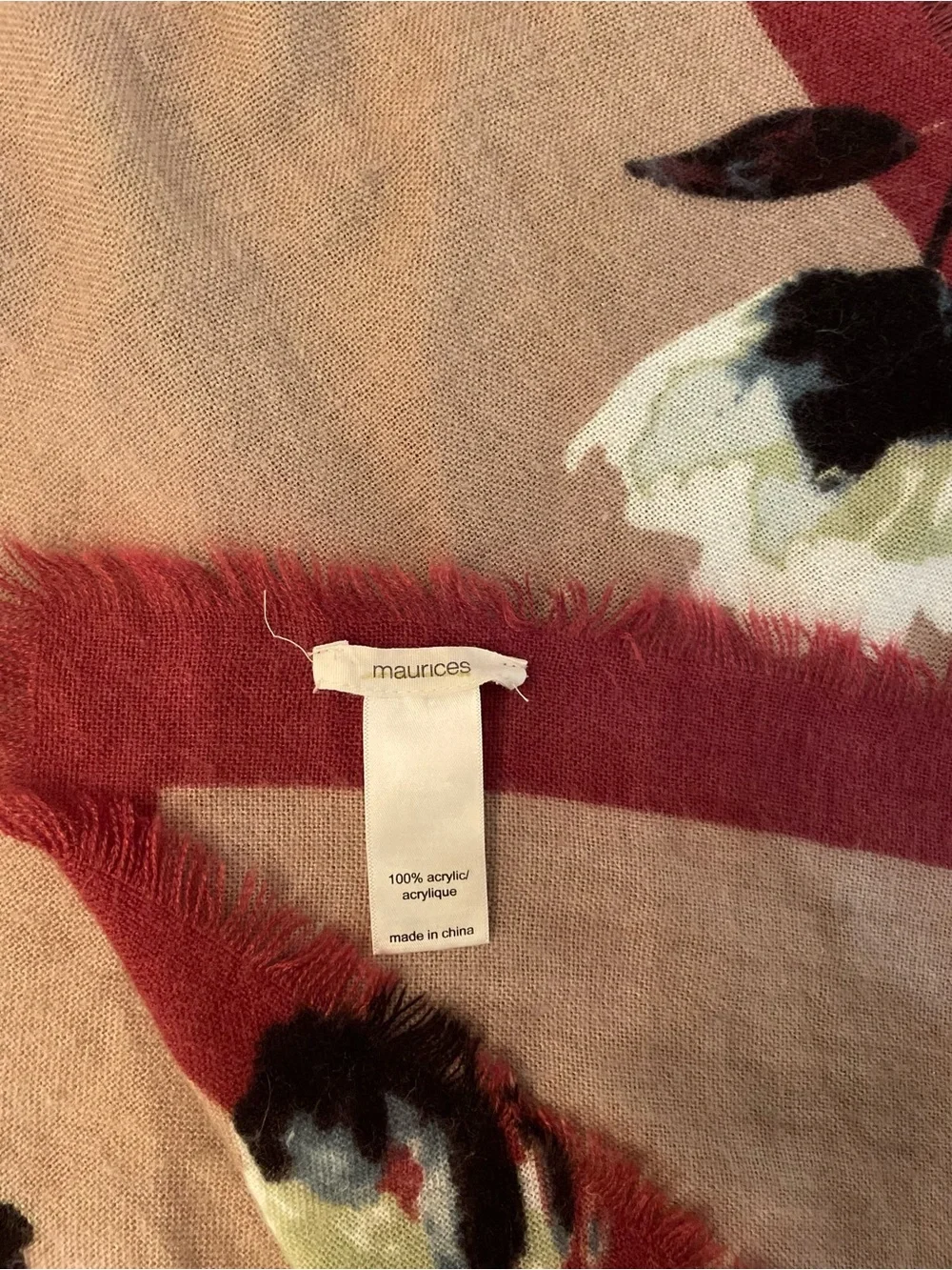 Maurices Taupe Scarf with White & Black Floral Motif and Red Trim